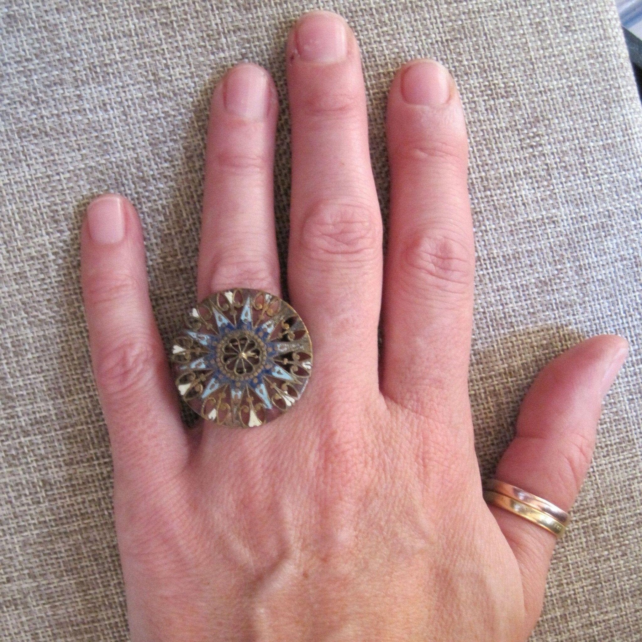 Vintage Enamel Ring with 14k Yellow Gold Band and Base Metal Top - Petra Star