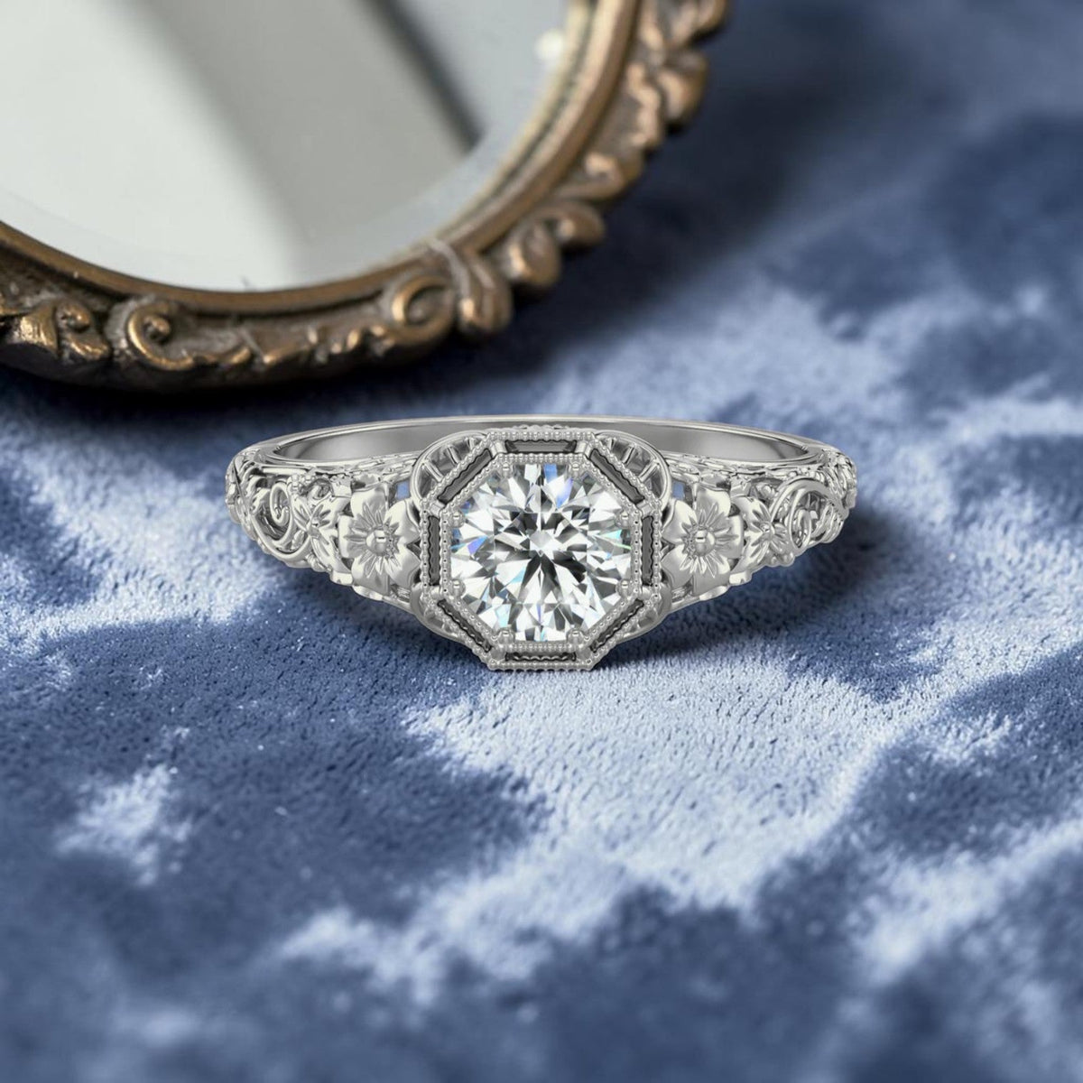 Vintage Inspired Cherry Blossom Semi-Mount Ring 14k Gold | Round 4.6–5mm Center Stone | Engagement Ring | Petra Star - Petra Star