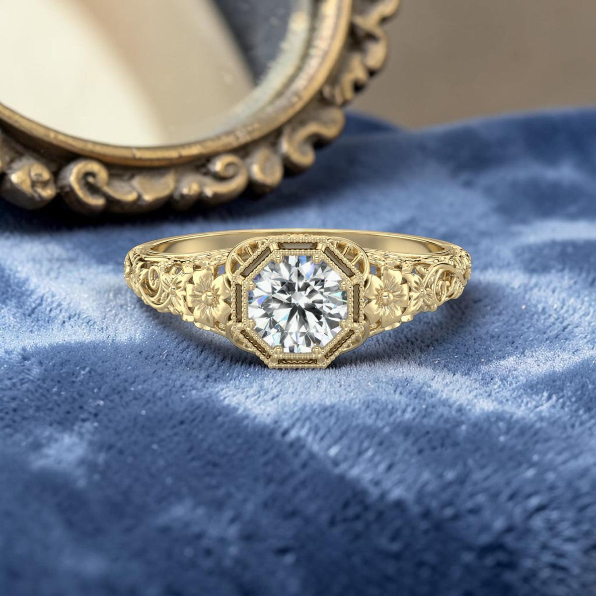 Vintage Inspired Cherry Blossom Semi-Mount Ring 14k Gold | Round 4.6–5mm Center Stone | Engagement Ring | Petra Star - Petra Star