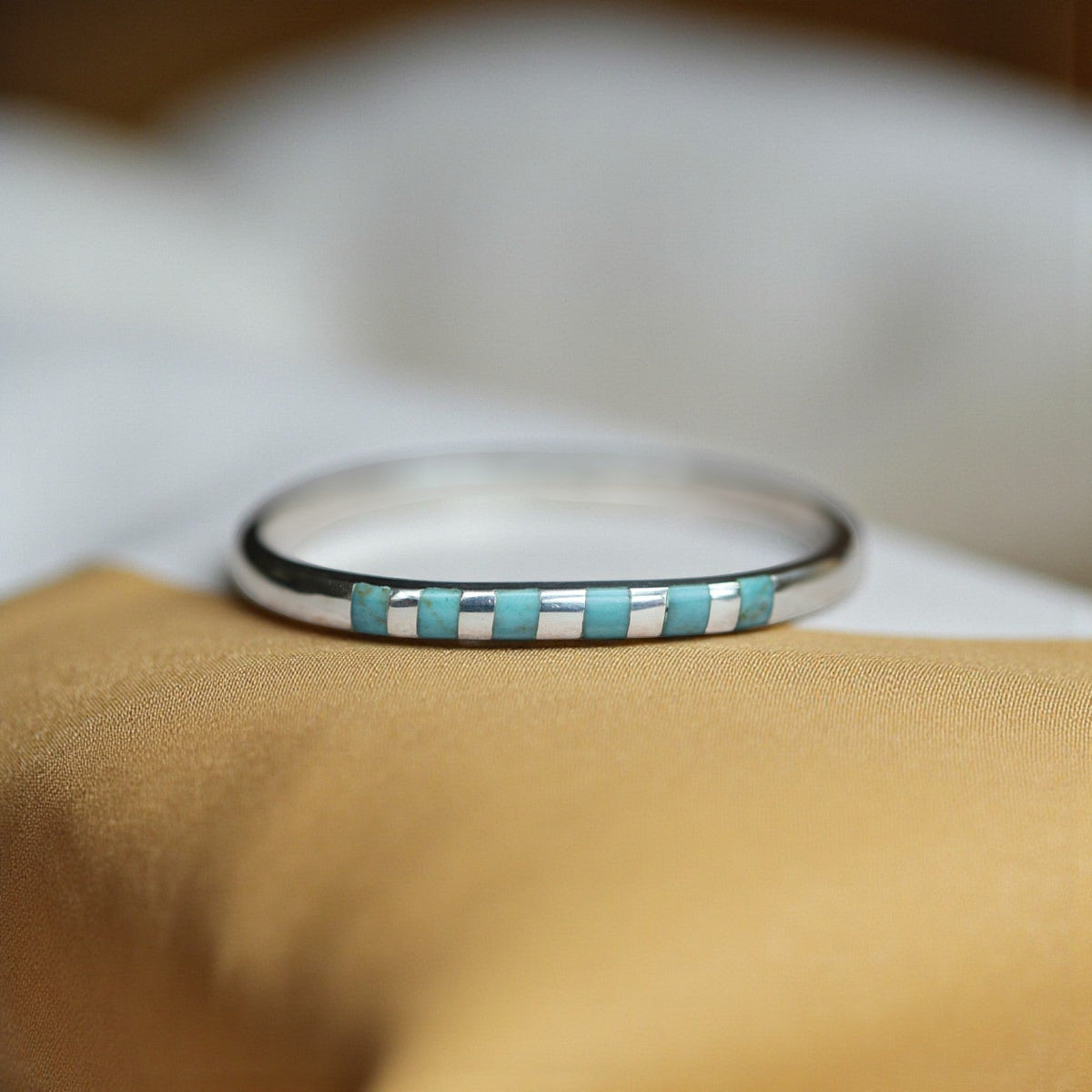 Vintage Mexican Silver Amazonite Inlaid Bangle Bracelet – 925 Silver with Invisible Clasp - Petra Star