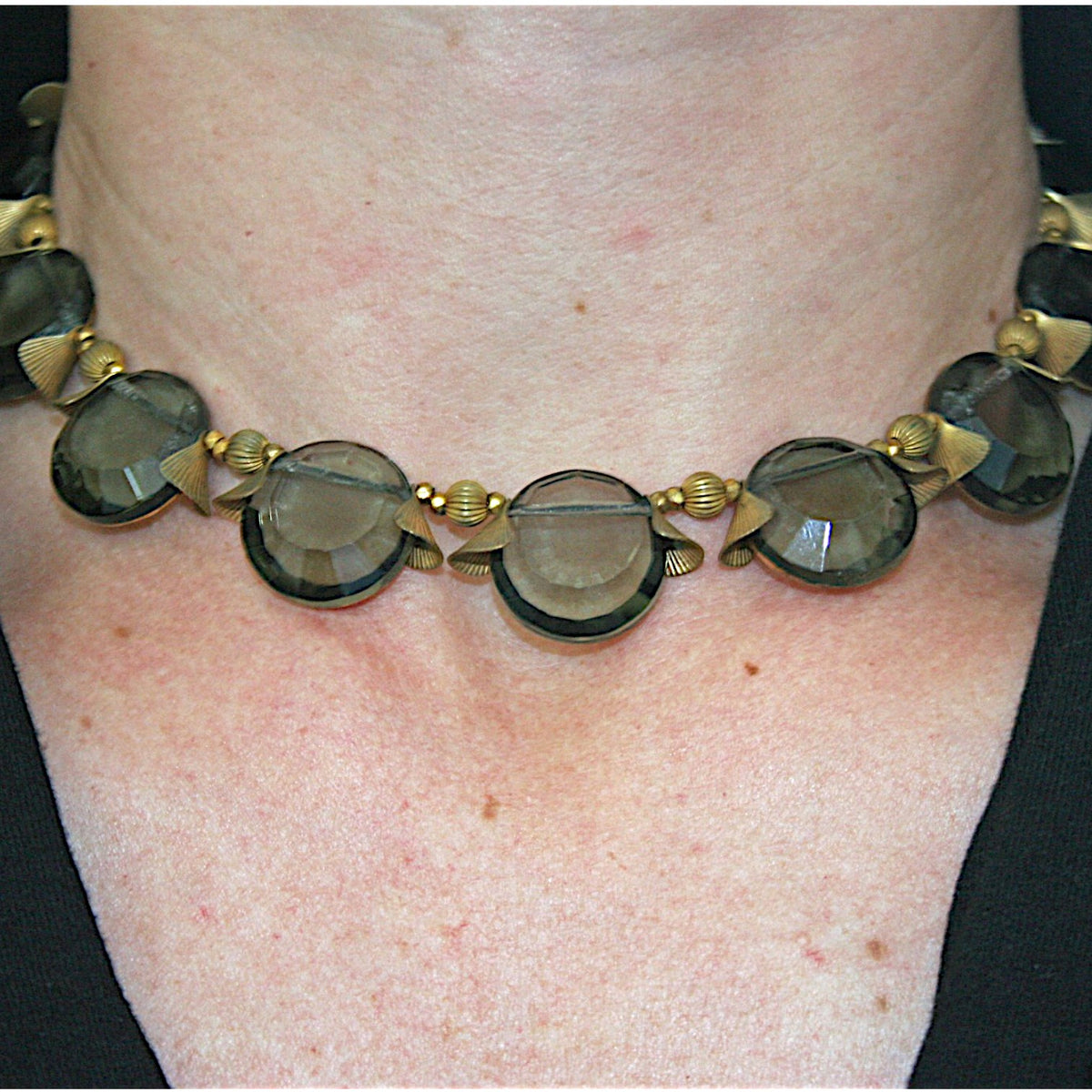 Vintage Miriam Haskell smoky quartz necklace worn at the collarbone, 15-inch choker length