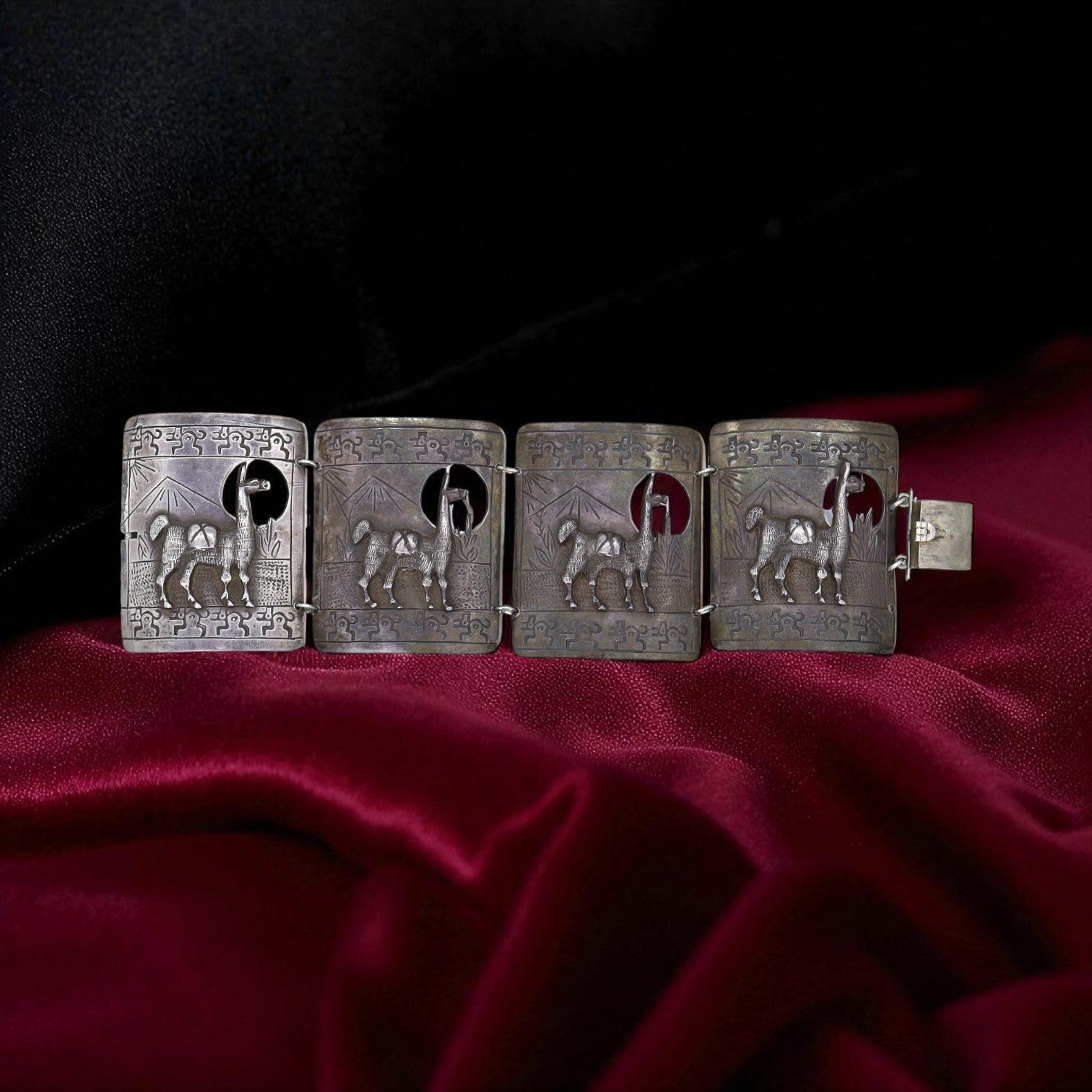 Vintage Peruvian 900 Silver Llama Story-Panel Bracelet — Andean Artisan Craftsmanship - Petra Star