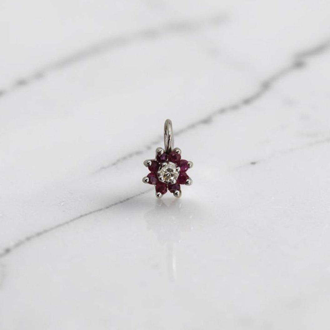 Vintage Ruby and Diamond Halo Charm in 14k White Gold, Converted Earring, Circa 1970s-80s - Petra StarCharm