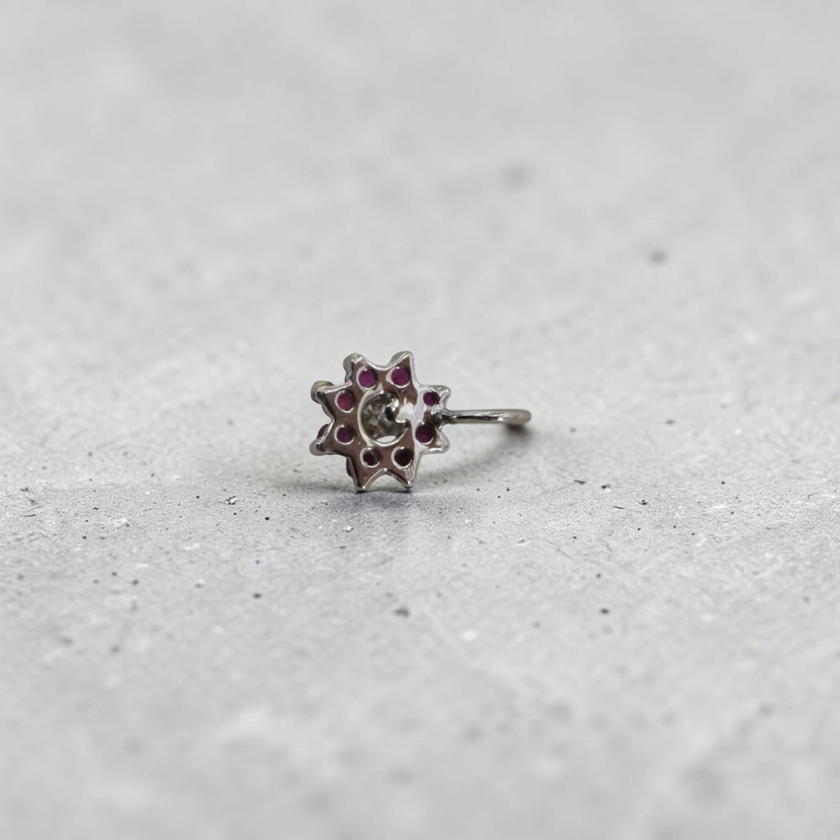 Vintage Ruby and Diamond Halo Charm in 14k White Gold, Converted Earring, Circa 1970s-80s