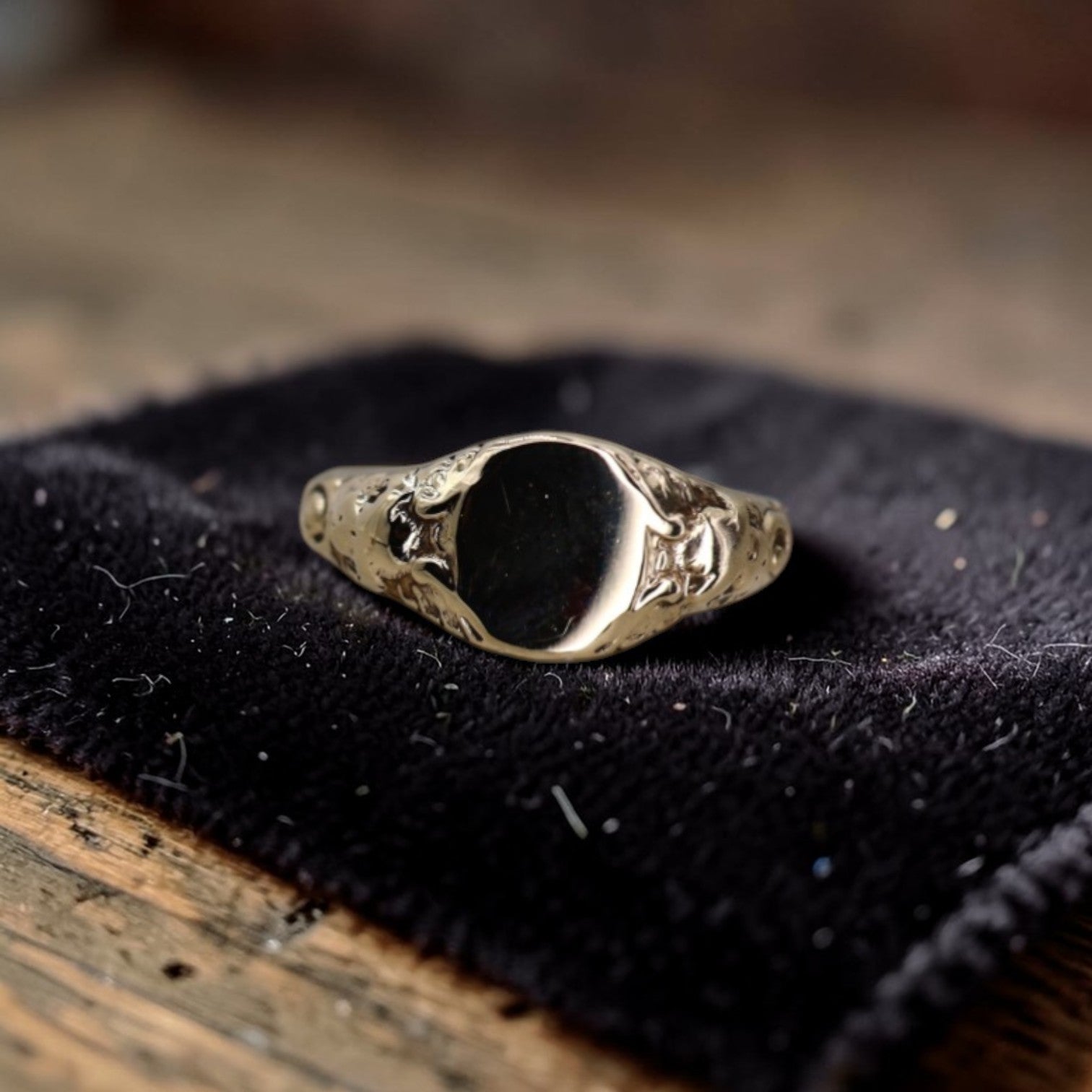 Art Nouveau Signet Ring – Customizable 10k Yellow Gold with Scrollwork Shoulders - Petra Star