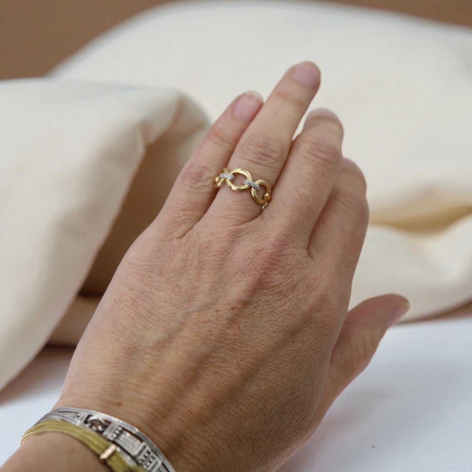 Wide Diamond Link Band – Satin 14k Yellow Gold, 14k White Gold Diamond Accents - Petra Star